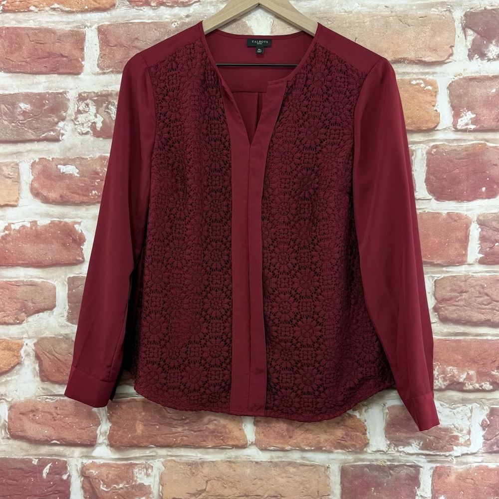 Talbots Top Womens Medium Petite Burgundy Floral Lace Accent Casual Career Shirt